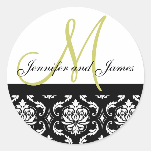 Monogram & Names Damask Green Wedding Sticker (Front)