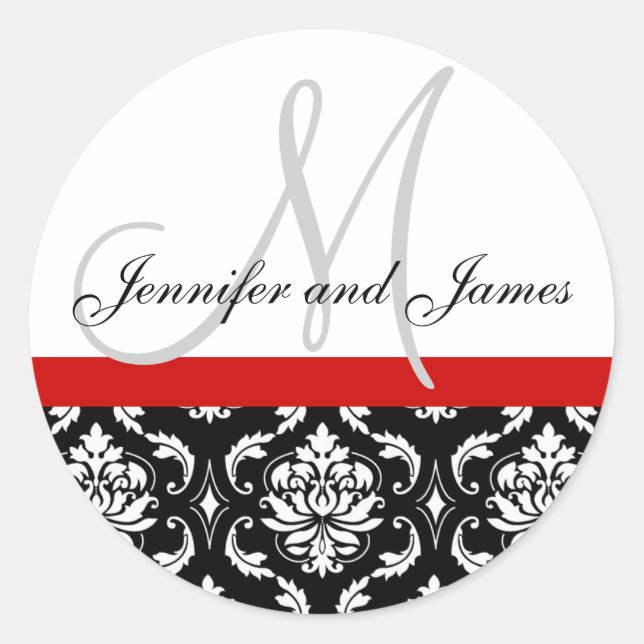 Monogram & Names Damask Red Wedding Sticker (Front)