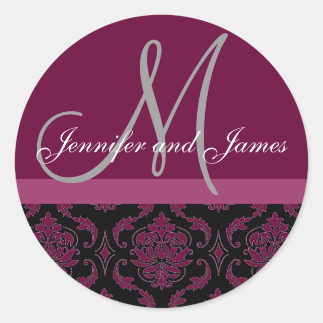 Monogram & Names Damask Wine Grey Wedding Sticker (Front)
