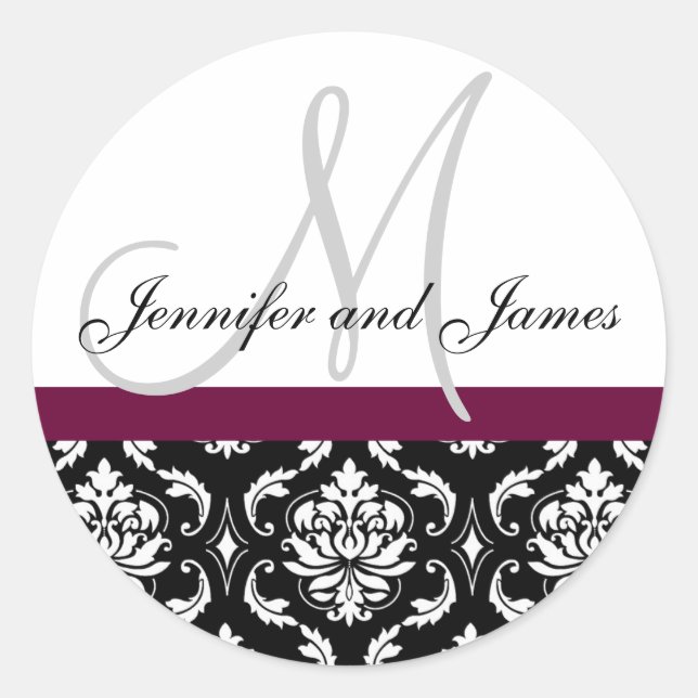 Monogram & Names Damask Wine Wedding Sticker (Front)