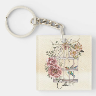 Monogram natural watercolor flowers and birdcage key ring