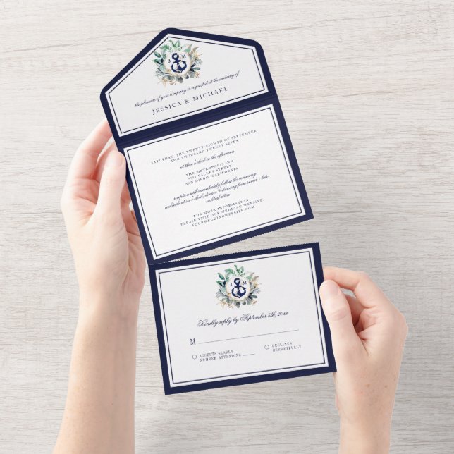 Monogram Nautical Anchor Greenery Navy Wedding All In One Invitation (Tearaway)