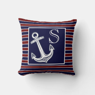 Monogram Nautical Anchor Navy Blue Maroon stripes Cushion