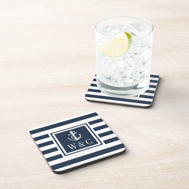 Monogram Nautical Anchor Navy Blue Stripe Coaster (Right Side)