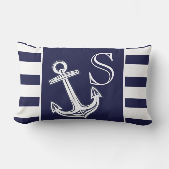 Monogram Nautical Anchor Navy Blue  White stripes  Lumbar Cushion (Front)
