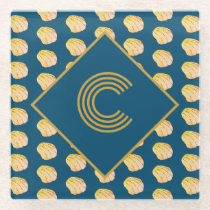 Monogram Nautical Blue Gold Watercolor Clam Shells Glass Coaster