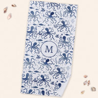Monogram Nautical Blue Watercolor Octopus Undersea