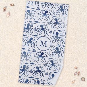 Monogram Nautical Blue Watercolor Octopus Undersea Beach Towel