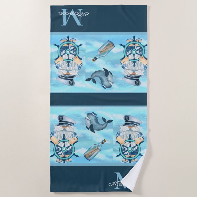 Monogram Nautical Captain n Whale Blue White Boy Beach Towel (Front)