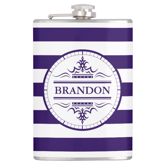 Monogram Nautical Elegant Navy Blue Striped Flask (Front)