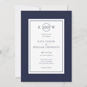 Monogram Nautical Knot Navy Blue Wedding Invitation