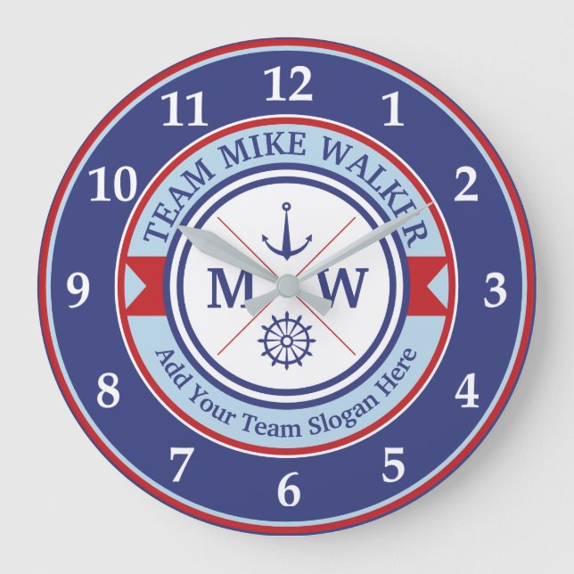 Monogram Nautical Logo Anchor Wheel Helm Motto Large Clock (Front)