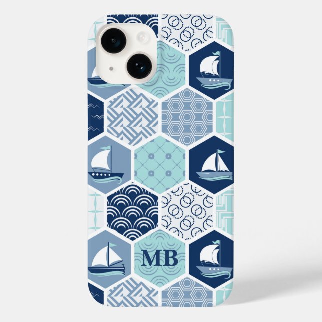 Monogram Nautical Modern Boat Blue Personalised Case-Mate iPhone Case (Back)