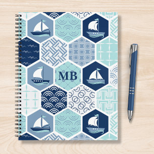 Monogram Nautical Modern Boat Blue Personalised Notebook