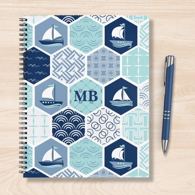 Monogram Nautical Modern Boat Blue Personalised Notebook (Creator Uploaded)