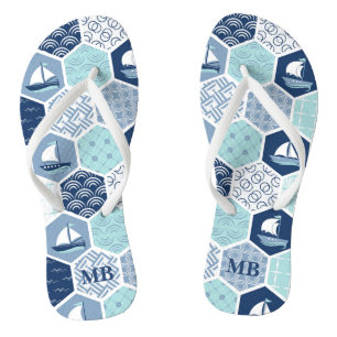 Monogram Nautical Modern Boat Blue Personalised Thongs