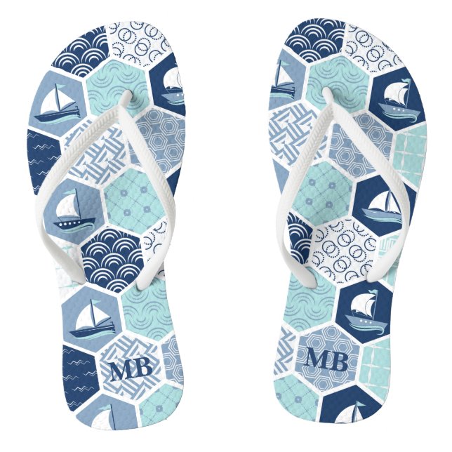 Monogram Nautical Modern Boat Blue Personalised Thongs (Footbed)