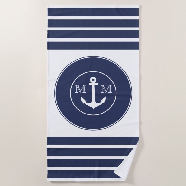  Monogram Nautical Modern Navy Blue White Stripes Beach Towel (Front)