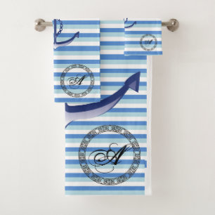 Monogram nautical navy blue anchor on blue stripes bath towel set