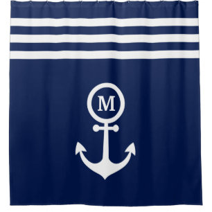 Monogram Nautical Navy Blue Anchor Stripes Custom Shower Curtain