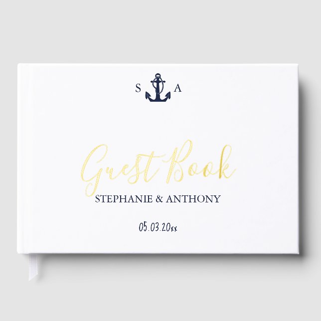 Monogram Nautical Navy Blue Anchor Wedding    Guest Book (Front)