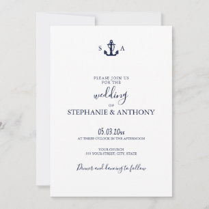 Monogram Nautical Navy Blue Anchor Wedding Invitation
