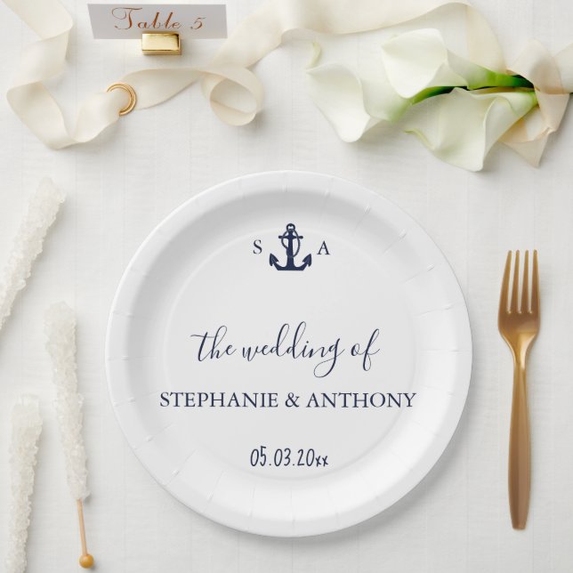 Monogram Nautical Navy Blue Anchor Wedding    Paper Plate (Wedding)