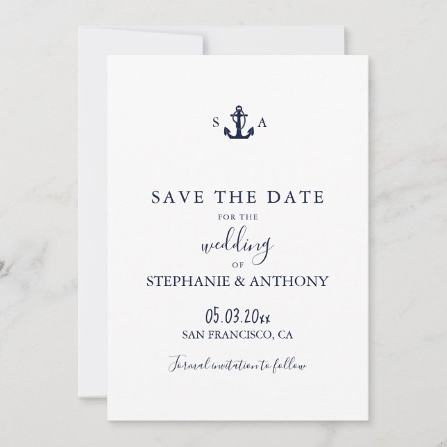 Monogram Nautical Navy Blue Anchor Wedding    Save The Date (Front)