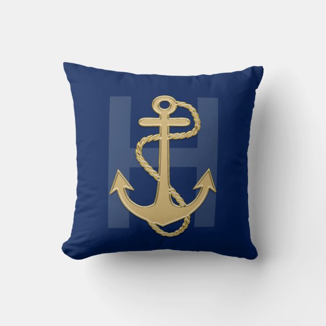 Monogram Nautical Navy Blue Gold Anchor Rope Cushion (Front)