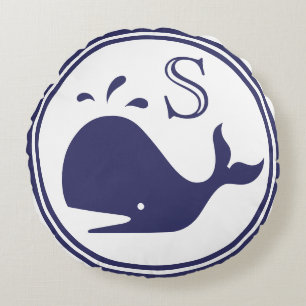 Monogram Nautical Navy Blue Whale white coastal Round Cushion
