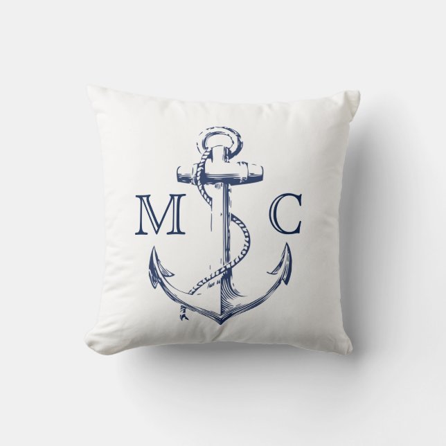 Monogram Nautical Navy + White Sketch Anchor | Cushion (Front)