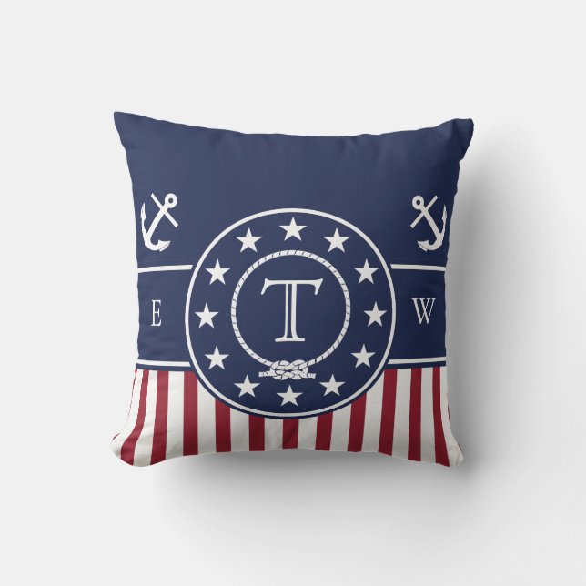 Monogram Nautical Patriotic Blue Anchor and Line Cushion (Front)