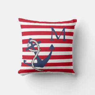 Monogram Nautical Red White Stripe Navy Anchor  Th Cushion