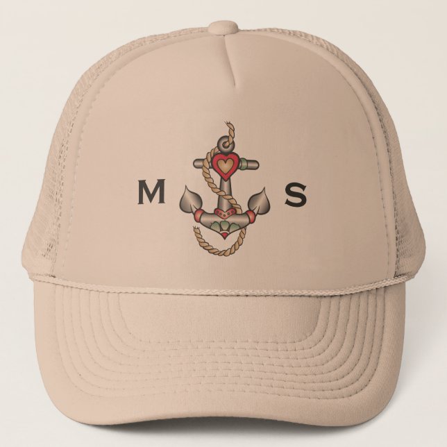Monogram. Nautical. Vintage Anchor Tattoo. Trucker Hat (Front)
