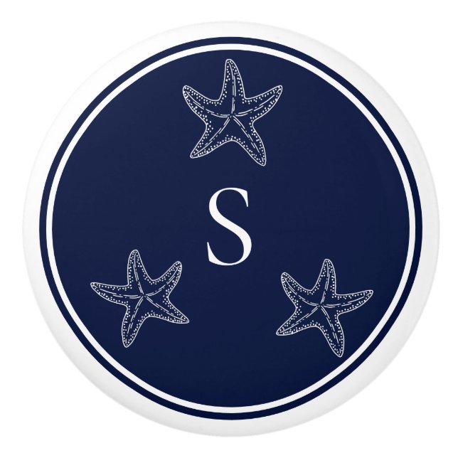 Monogram Nautical White Navy Blue Starfish Beach Ceramic Knob (Front)