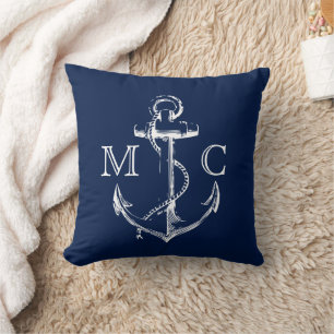 Monogram Nautical White Sketch Anchor   Cushion