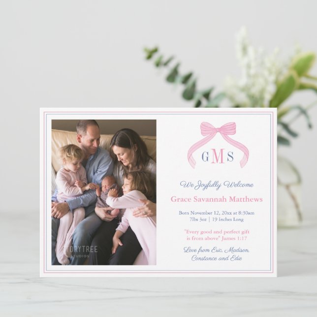 Monogram Navy And Pink Bow Welcome Baby Girl Photo Announcement (Standing Front)
