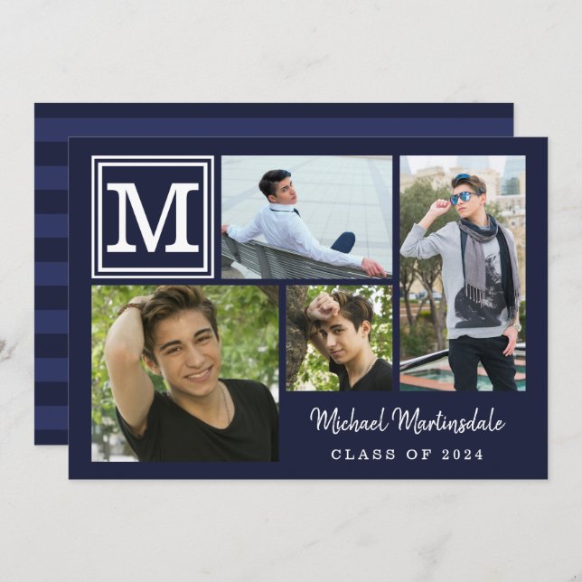 Monogram Navy Blue 4-Photo Graduation Party Invitation (Front/Back)