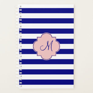 Monogram Navy Blue and Baby Pink Striped Pattern Planner