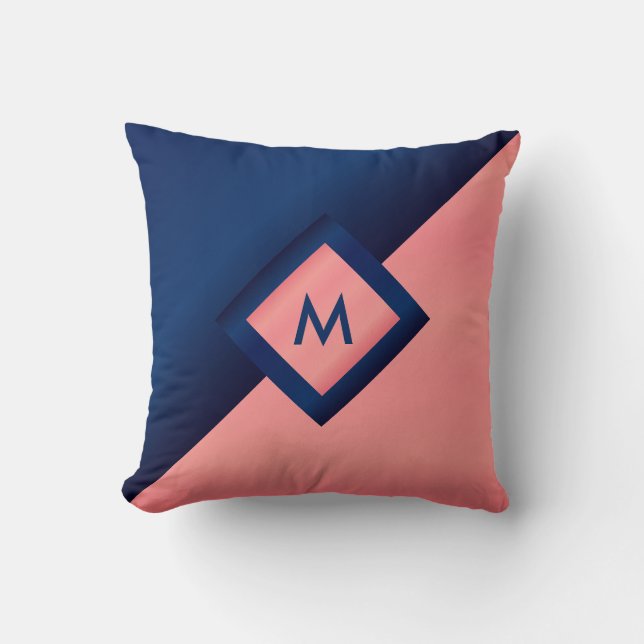 Monogram Navy Blue and Coral Cushion (Front)