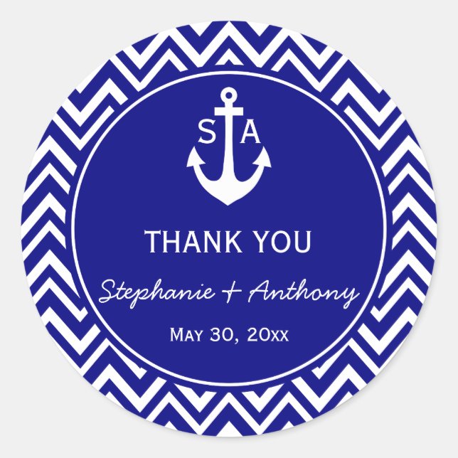 Monogram Navy Blue and White Nautical Wedding Classic Round Sticker (Front)