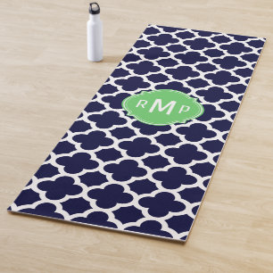 Monogram Navy Blue and White Quatrefoil Pattern Yoga Mat