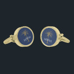 Monogram Navy Blue Artistic Gold Palm Tree Gold Finish Cufflinks<br><div class="desc">Customise these monogrammed cufflinks featuring an artistic golden palm tree and white text over a navy blue background with your own special touch. You can change the monogram,  background and palm tree to your favourite colours. Makes a great gift for any occasion.</div>