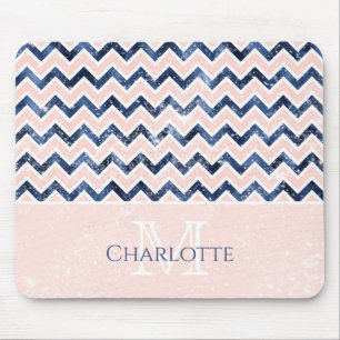Monogram Navy Blue Blush Pink Name Mouse Pad