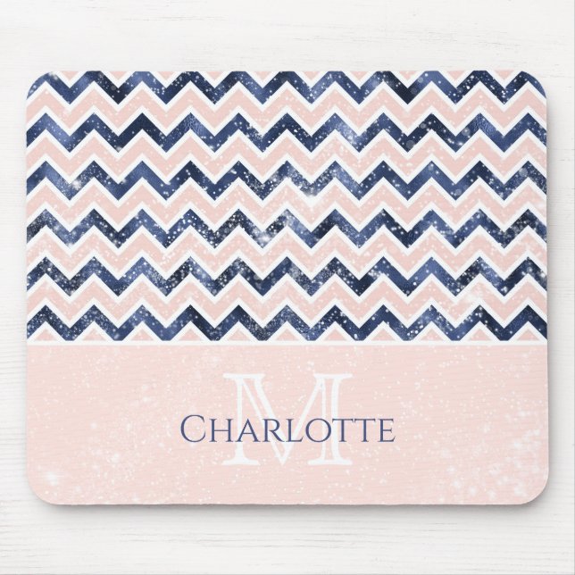 Monogram Navy Blue Blush Pink Name Mouse Pad (Front)