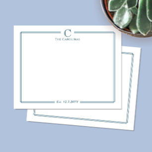 Monogram Navy Blue Border Anniversary Stationery Card