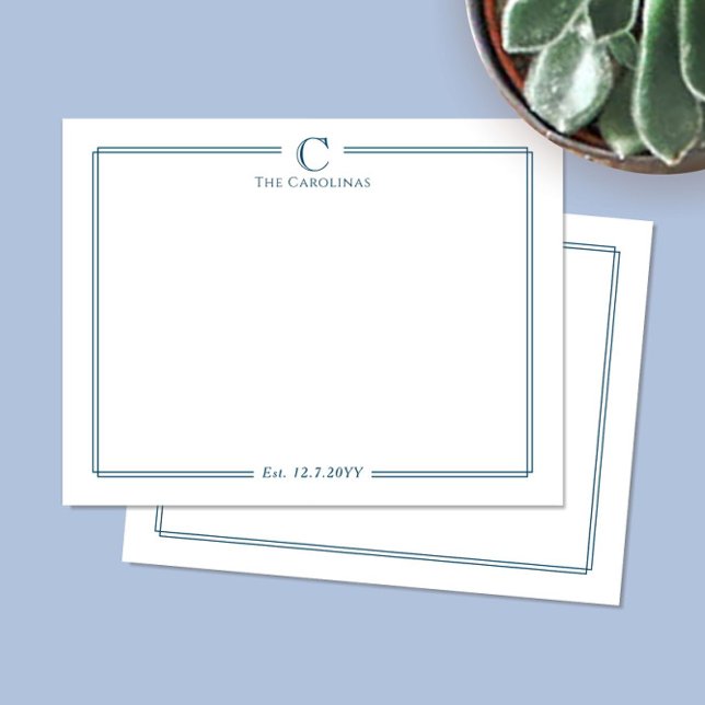 Monogram Navy Blue Border Anniversary Stationery Card (Creator Uploaded)