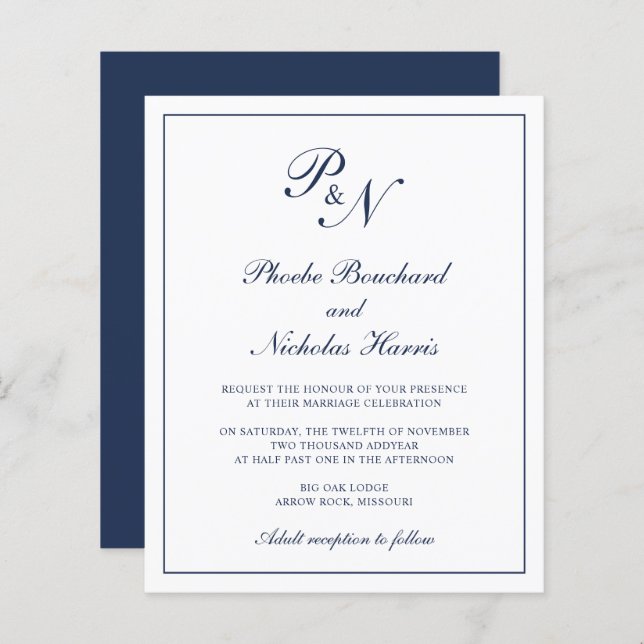 Monogram Navy Blue Budget Wedding Invitation (Front/Back)