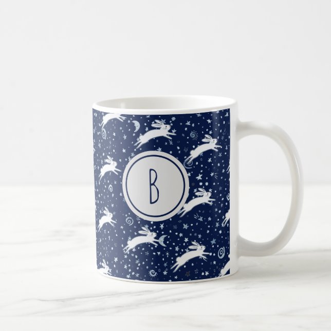 Monogram Navy Blue Celestial Bunny Rabbit Stars Coffee Mug (Right)