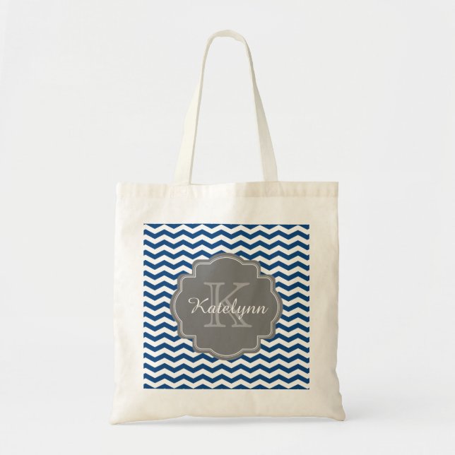 Monogram Navy Blue Chevron Zigzag Custom Tote Bag (Front)